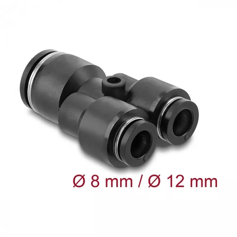 Pneumatinis Y formos jungtis DELOCK 2×8 mm į 1×12 mm su tvirtinimo anga, metalas/plastikas, moteriškas sriegis, 50,5 mm