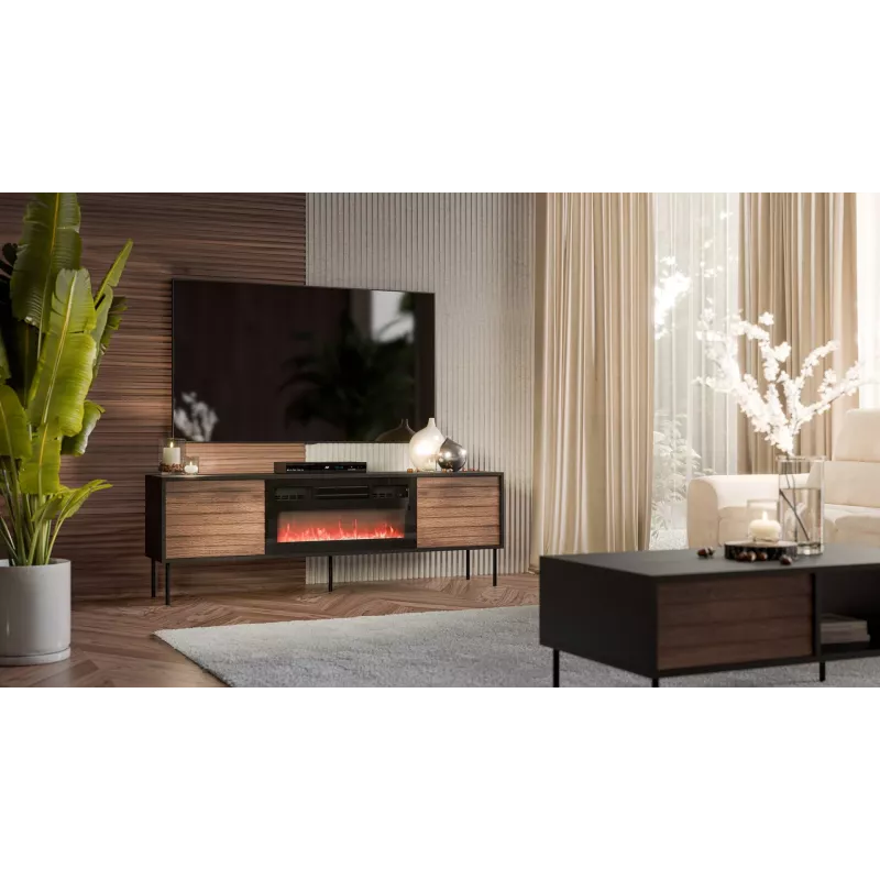 Spintelė televizoriui Cama Meble CORTINA 180x40x60 cm juoda/riešutas su juodu elektriniu židiniu