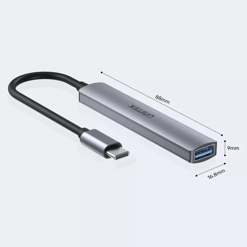 USB-C šakotuvas Unitek H1208B — 1x USB-A 5 Gbps, 3x USB-A 2.0, USB-C lizdas, aliumininis korpusas, 0,20 m kabelis