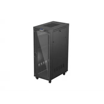 19 colių LANBERG stovimas spintinis stovas FF01-6032-12BL 32U, juodos spalvos stiklinės durys