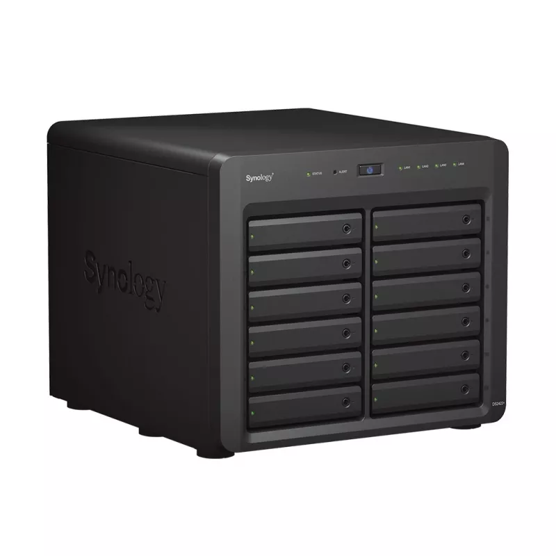 NAS Synology DS2422+; Tower; 12 x (3,5 colio SATA HDD / 2,5 colio SATA HDD / 2,5 colio SATA SSD); AMD Ryzen V1500B; 4 GB DDR4 (maks. 32 GB); 4 x 1GbE RJ-45