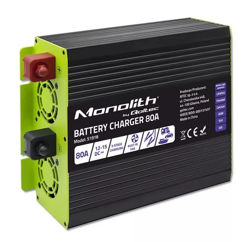 Įkroviklis QOLTEC 51918 80A 12V LiFePO4, AGM, GEL, SLA akumuliatoriams