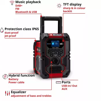 Nešiojamas radijas EINHELL TE-CR 18 Li DAB+ FM Bluetooth USB, maitinamas akumuliatoriumi (suderinamas su TE-CR 18 Li)
