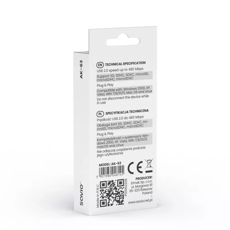 SD kortelių skaitytuvas USB 2.0, 480 Mbps, AK-63 Savio SAVAK-63