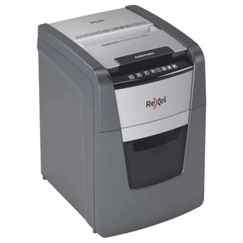 Popieriaus smulkintuvas REXEL Optimum AutoFeed+ 100X – 100 lapų automatinis padavimas, kryžminis pjovimas 4×28 mm, 34 L krepšelis, aliuminis