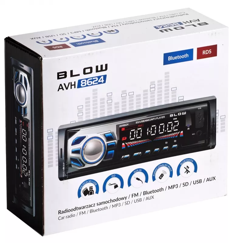 Automagnetola BLOW AVH-8624 — FM RDS, 45W RMS, Bluetooth, USB, MicroSD, AUX, LCD ekranas, nuotolinio valdymo pultas, juoda