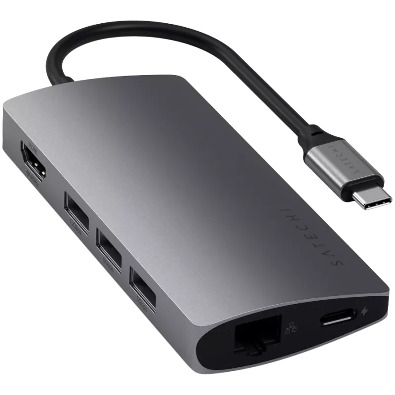 Satechi Aliuminio Adapteris V2 USB-C (USB-C, 3x USB-A, 4K HDMI, SD/microSD kortelių skaitytuvas, Ethernet) (starlight grey)