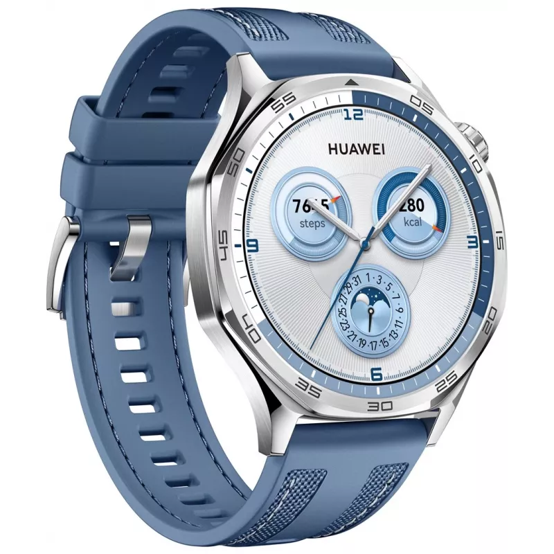 Išmanusis laikrodis HUAWEI WATCH GT5 46 mm – 1,43 colio AMOLED, GPS, 524 mAh, nerūdijančio plieno korpusas, mėlyna austa juosta