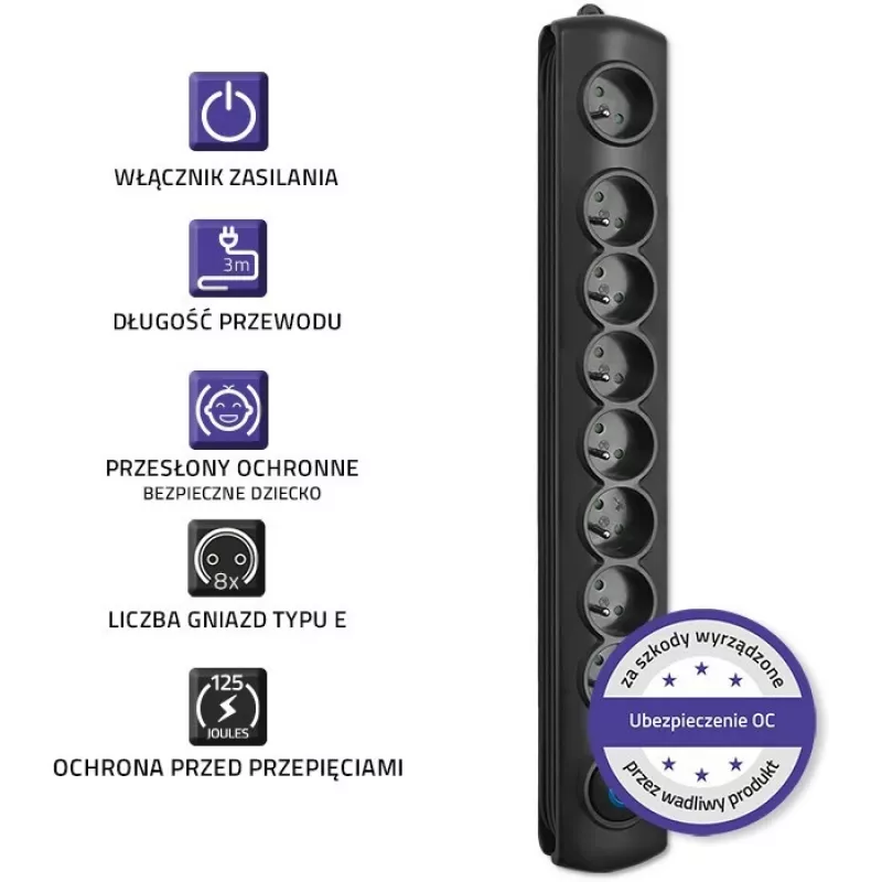 Qoltec 8 lizdų apsauginis filtras nuo įtampos šuolių 3.0 m 50114