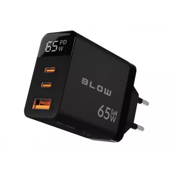LCD sieninis įkroviklis su USB lizdu ir 2x USB-C PD 65W GAN, juodas, su vatmetru