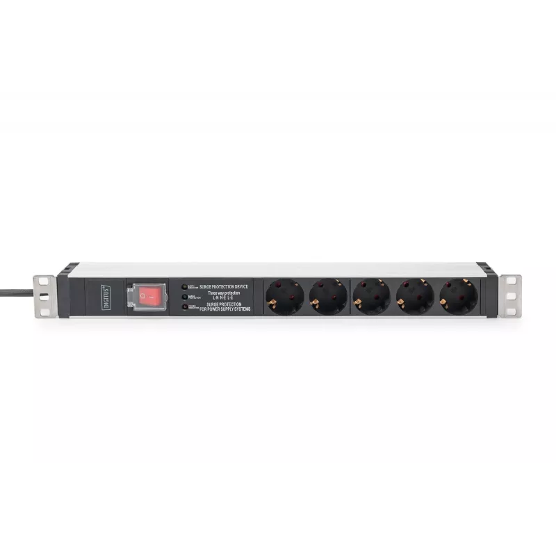 Digitus DN-95433 19 colių 1U rozetė su 5 saugiais lizdais ir 2 m kabeliu