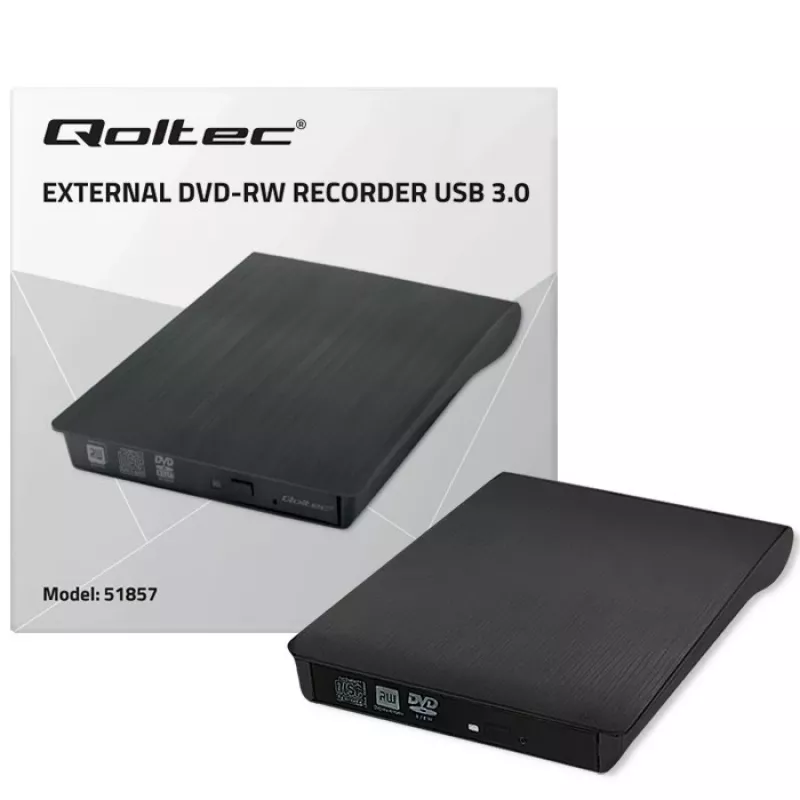 Išorinis DVD-RW įrenginys QOLTEC 51857 – USB 3.0, SATA sąsaja, DVD±R 8x, DVD±RW 4x, DVD-RAM 5x, CD 24x, juodas