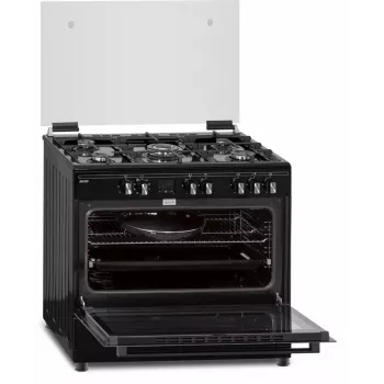 MPM MPM-93-KGM-32 90 cm dujinė-elektrinė viryklė su dujine kaitlente, elektrine orkaite, 5 degikliais, juoda, energijos klasė A