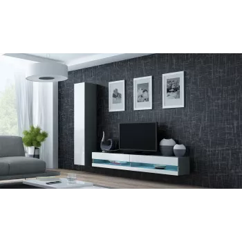 TV stovas Cama Meble VIGO NEW 30/140/40 — 1400×400×300 mm, pilkas viršus, pilkas rėmas, balti blizgūs fasadai