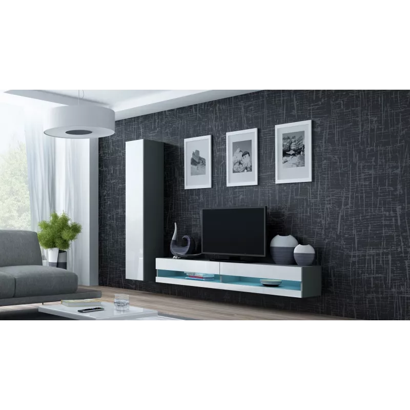 TV stovas Cama Meble VIGO NEW 30/140/40 — 1400×400×300 mm, pilkas viršus, pilkas rėmas, balti blizgūs fasadai