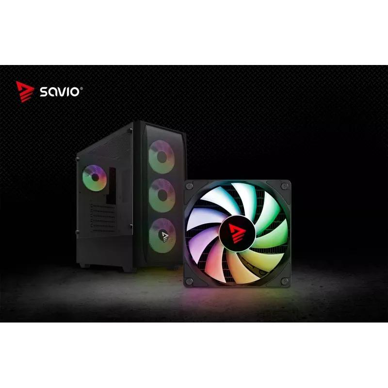 PC korpusas SAVIO Noctis Flow RGB — Cube, ATX/Mini-ITX, 3x 120 mm priekiniai ventiliatoriai, grūdintas stiklas šone, maks. GPU 35 cm