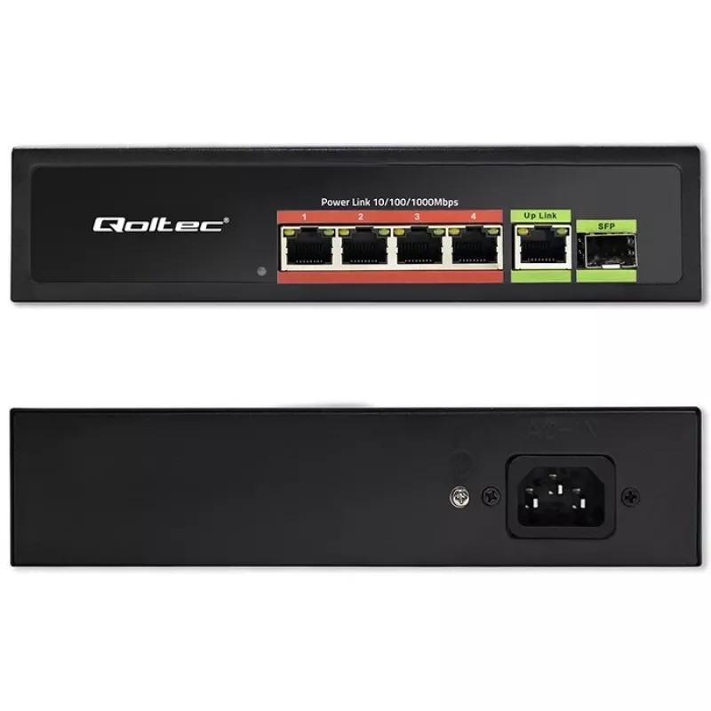 Ethernet PoE jungiklis QOLTEC 52296 — 4x RJ45 PoE prievadai, 1x RJ45 uplink