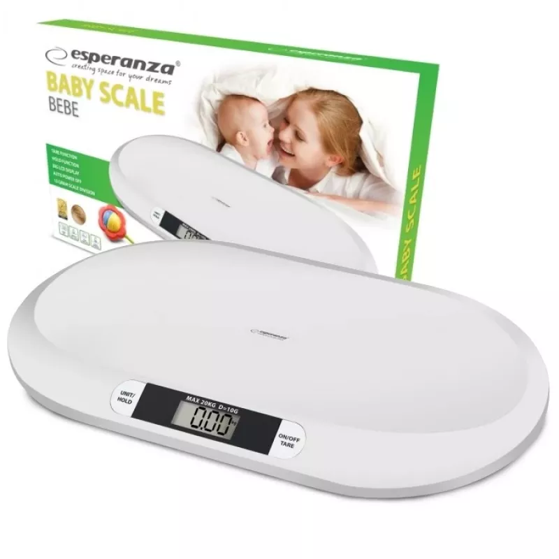 Elektrinės kūdikių svarstyklės ESPERANZA EBS019 – talpa 0,03–20 kg, padala 0,01 kg, didelis LCD ekranas 60×25 mm, balta