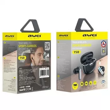 Awei T50 TWS belaidžiai ausinės Bluetooth 5.3 su įkrovimo dėklu / Juodos
