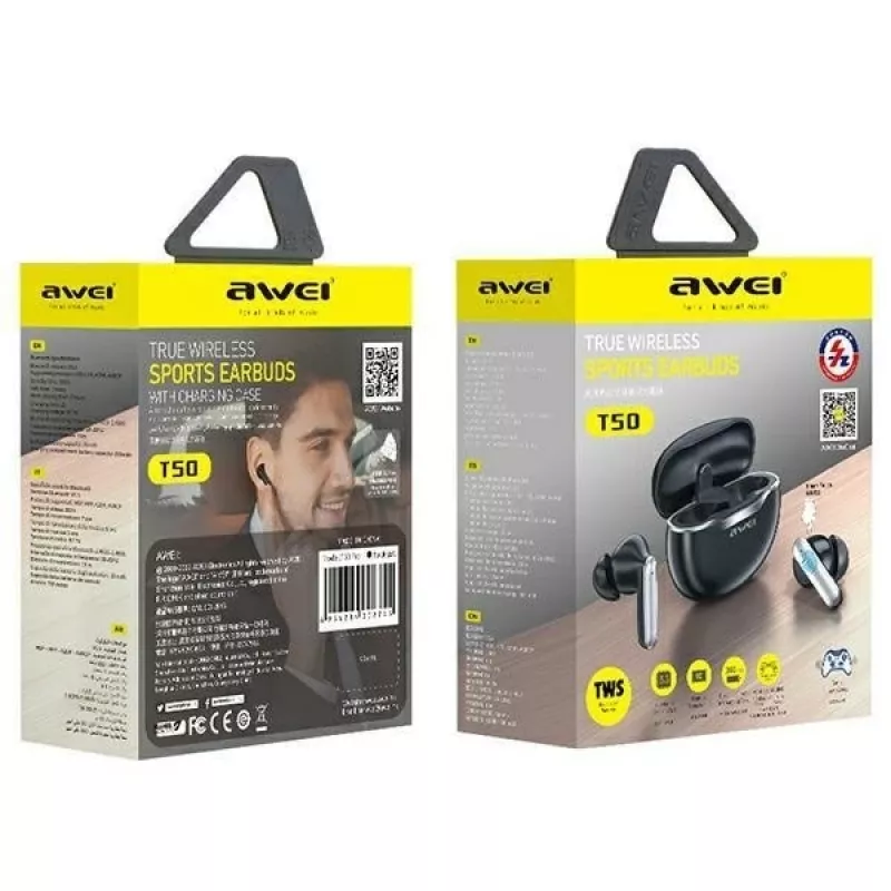 Awei T50 TWS belaidžiai ausinės Bluetooth 5.3 su įkrovimo dėklu / Juodos