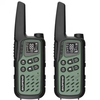 Nešiojamos racijos Baofeng BF-T25E — 16 kanalų, 2×1400 mAh Li‑Ion, VOX, LCD, žalios, rinkinys 2 vnt.