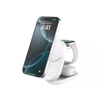Vidinis belaidis įkroviklis Belkin UltraCharge 25W Qi2 3in1 Magnetinis apvalus baltas EU