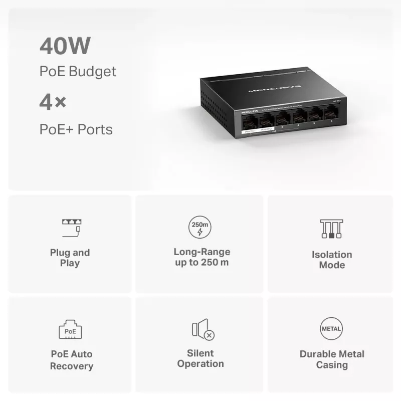 Mercusys 6 prievadų 10/100Mbps darbastalio komutatorius su 4 PoE+ prievadais