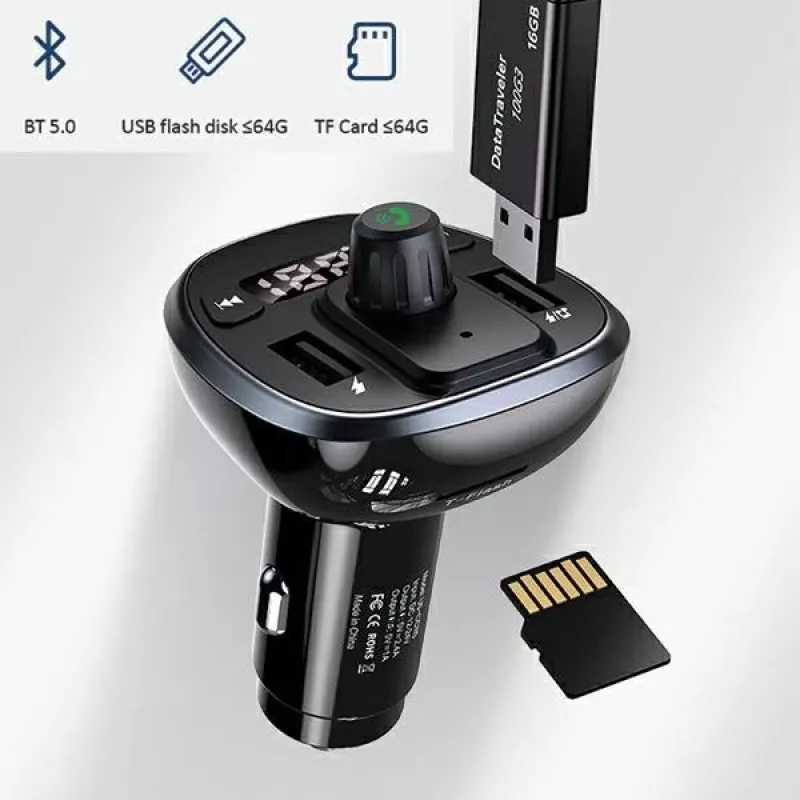 USAMS US-CC115 C21 automobilinis FM siųstuvas su dvigubu USB įkrovikliu, Bluetooth 5.0, 3,4 A, juodas