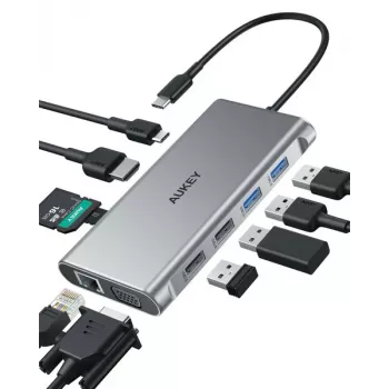 USB-C stotelė Aukey CB-C89 10-in-1 su RJ45 1000Mbps, HDMI 4K, keliais prievadais