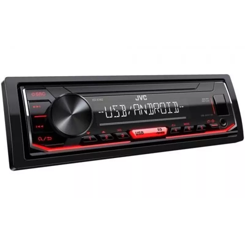 Automobilinis skaitmeninis medijos imtuvas JVC KD-X162, 1 DIN, 200 W, 24 bitų DAC, FLAC/MP3/WAV/WMA, priekyje USB Type-A, 3,5 mm, LCD 2 eilučių, juodas