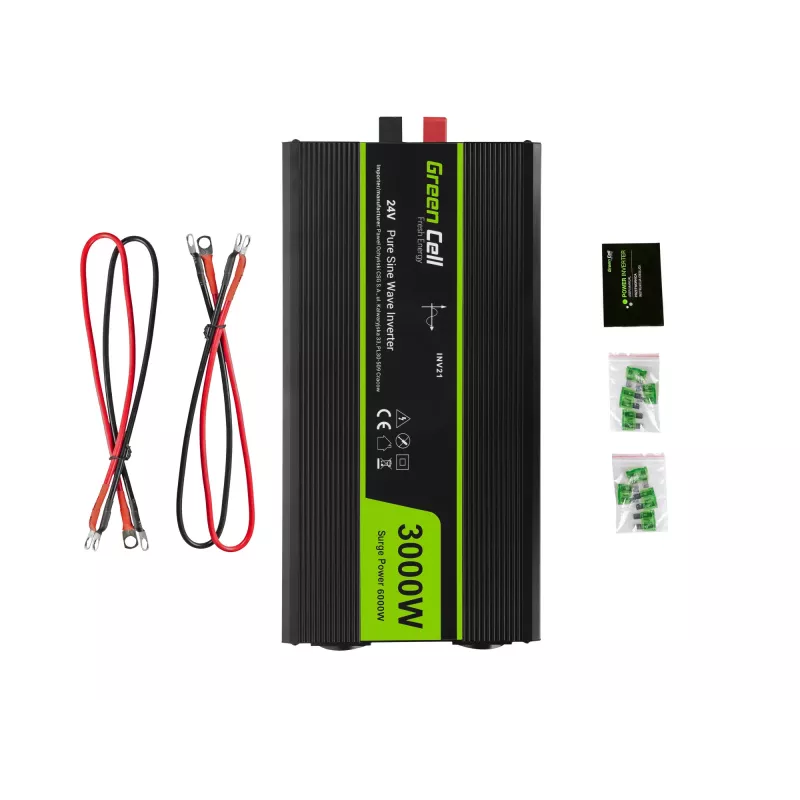 Automobilinis keitiklis Green Cell INV21 6000 W, 24V DC į 230V AC, 2x USB PD, aktyvus aušinimas, nuimamos DC jungtys, juodas