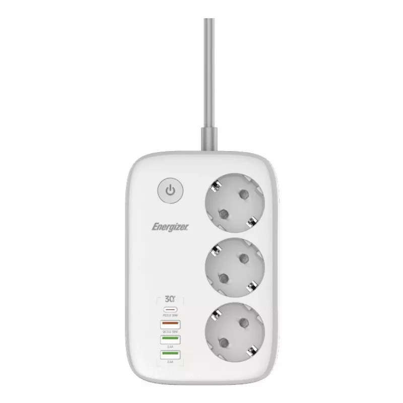 Energizer EPB2500W02EU ilginimo laidas su 3 AC kištukiniais lizdais, 2 m, 2500 W, baltas
