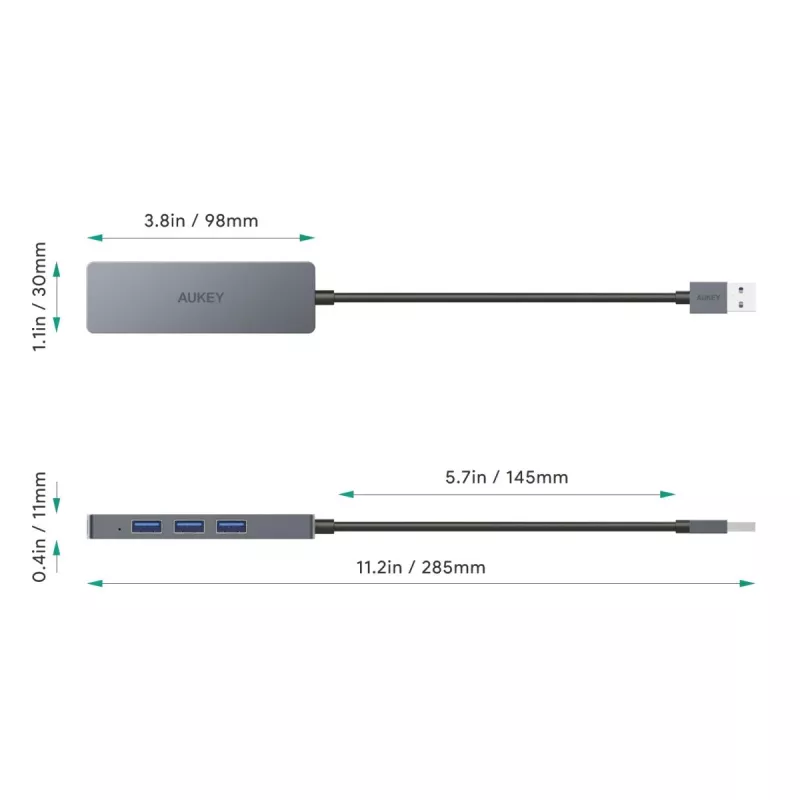 USB šakotuvas Aukey CB-H36 — 4 prievadai USB 3.2 Gen 1 Type-A, pagrindinis USB 2.0, 5000 Mbit/s, aliuminis sidabrinis