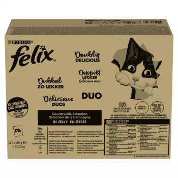 Šlapias kačių maistas Purina Nestlé Felix Fantastic Duo Mix Countryside 120 x 85 g pakeliai, suaugusioms katėms, 11,5% baltymų, 82% drėgmės