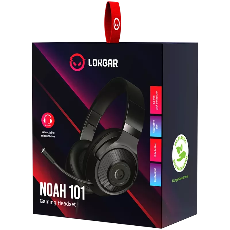 LORGAR Noah 101, žaidimų ausinės su mikrofonu, 3.5 mm lizdas, 2 m laidas, sulankstomas dizainas, PU odos pagalvėlės, juodos