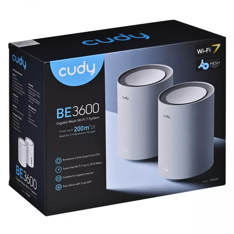 Cudy M3600 Dual-Band Wi‑Fi 7 tinklo sistema 2882 Mbit/s, 2 vnt. komplektas, 4 vidinės antenos, 3x LAN, 512 MB RAM, 2 GHz procesorius