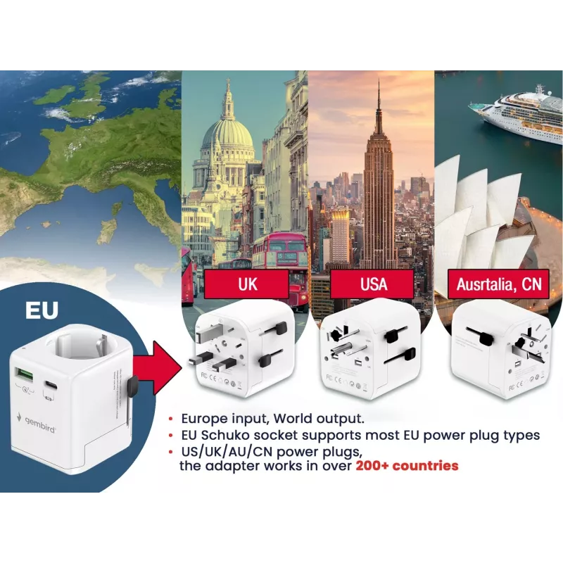 Keliaujantis maitinimo adapteris GEMBIRD TPA-EU1A1C20-01-W 20W, USB-A 18W + USB-C 20W, Schuko kištukas, įėjimas 100–250V