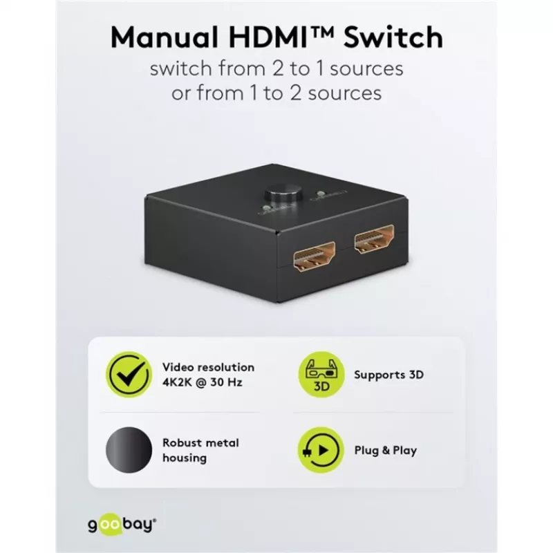HDMI jungiklis Goobay 58485 1 įėjimas 1 išėjimas 52 mm x 49,5 mm x 22,5 mm