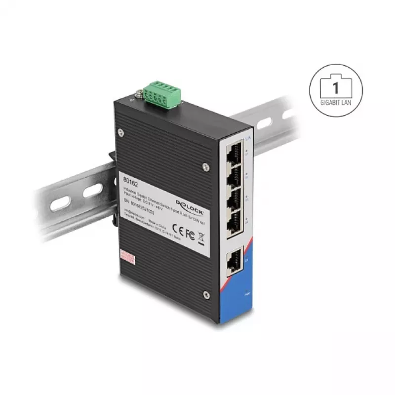 Ethernet Switch DELOCK 80162 – 5 prievadų Gigabit RJ45 montavimui ant DIN bėgelio