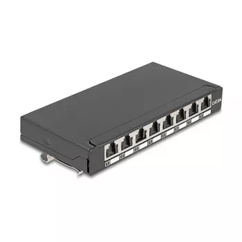 Pataisų skydelis DELOCK Mini Desktop RJ45 8 prievadų Cat.6A ekranuotas juodas, skirtas stalui, sienai arba DIN bėgiui