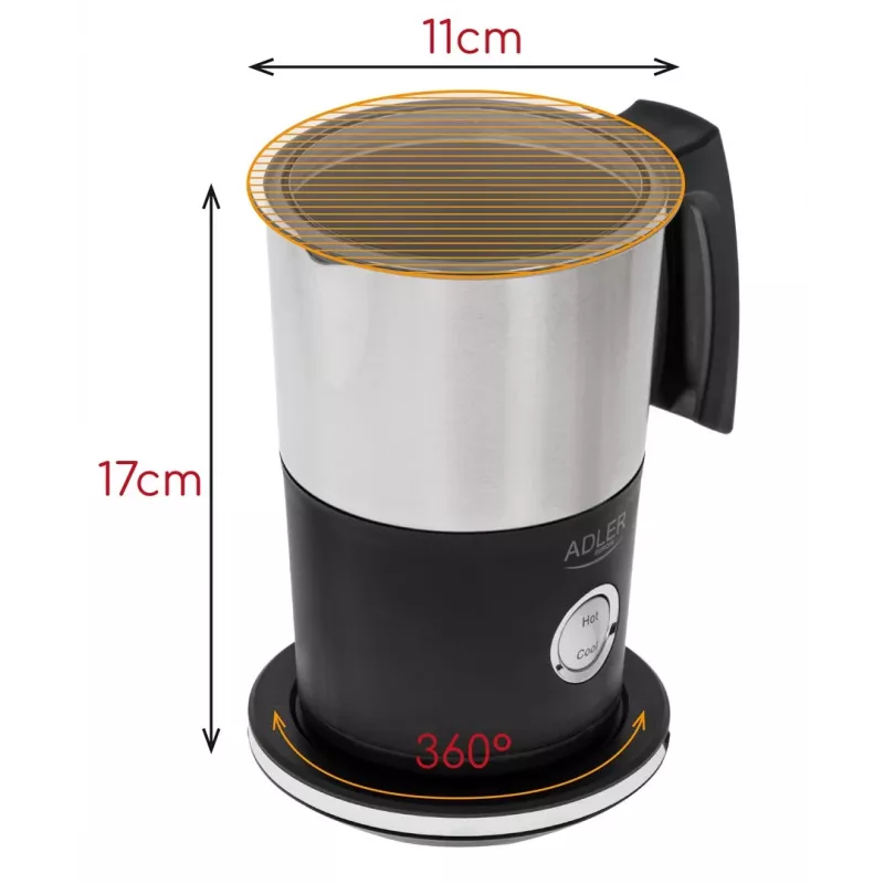 Automatinis pieno putotojas Adler AD 4497 — nerūdijantis plienas, 600 W, putos 120 ml / šildymas 300 ml, karštas ir šaltas
