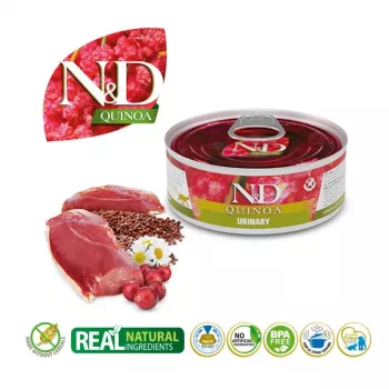 Šlapias kačių ėdalas Farmina N&D Quinoa Urinary Adult maišelis 80 g – Antis, be grūdų, šlapimo takų sveikatai