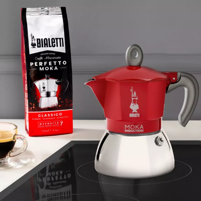 Moka puodas Bialetti Moka Induction 0.1 L raudonas sidabrinis
