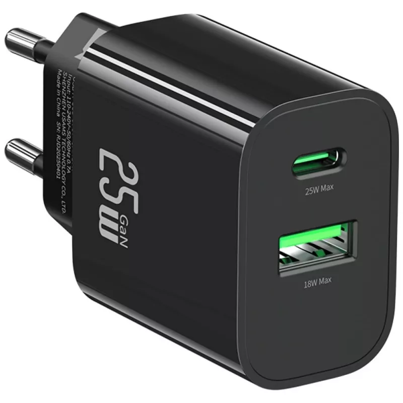 USB-C ir USB-A sieninis įkroviklis USAMS USA001629 25W greitasis įkrovimas