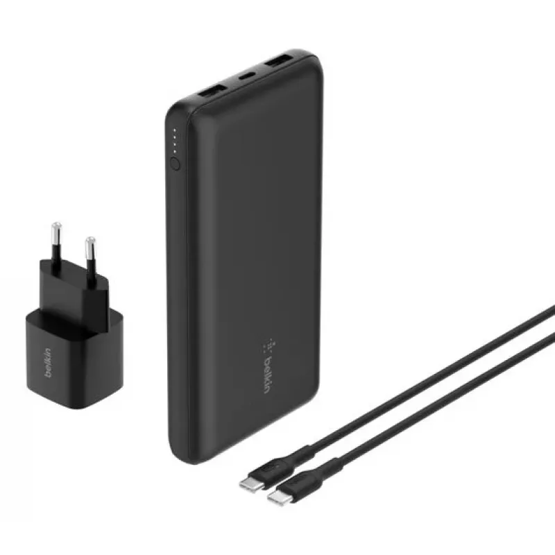 Belkin BoostCharge – Powerbank su integruotu maitinimo šaltiniu, 20000 mAh, PD, 3 išėjimo prievadai (24 pin USB-C, 2 x USB)