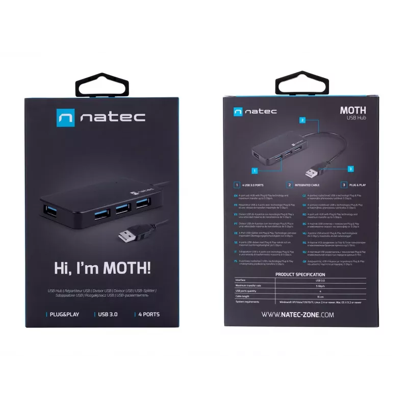 USB stotelė NATEC Moth 4 prievadų USB 3.2 Gen 1 Type-A (5000 Mbit/s), maitinama per USB, juoda, 0,15 m laidas