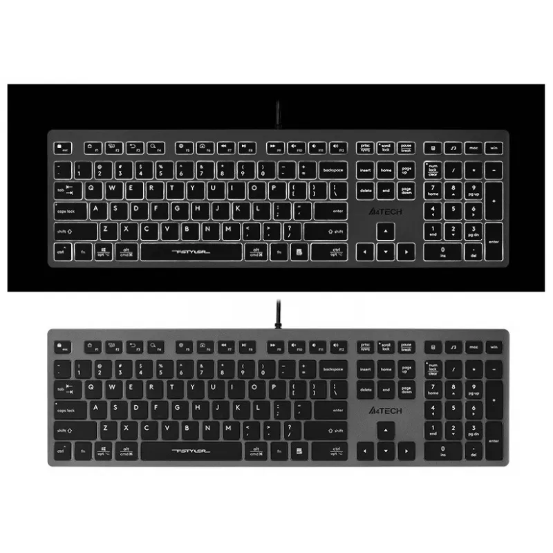 Laidinė klaviatūra A4Tech FX60H USB QWERTY – pilno dydžio 100%, balta foninė šviesa, pilka, USB šakotuvas