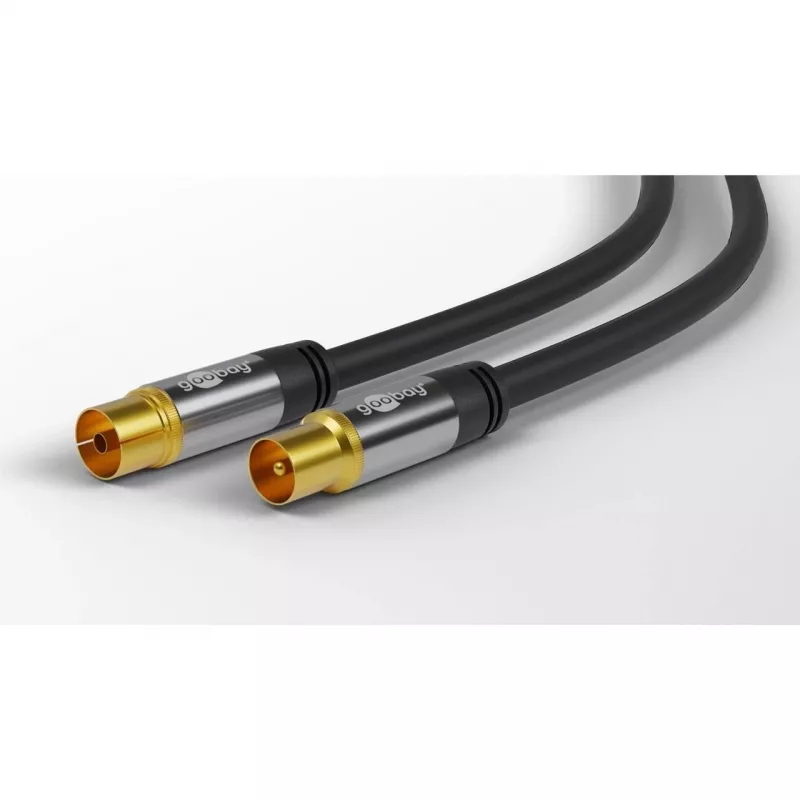 Goobay TV antenos laidas (135 dB tipas), 4x ekranuotas, 2 m, juodas – auksuotas, Koax lizdas > Koax kištukas (70367)