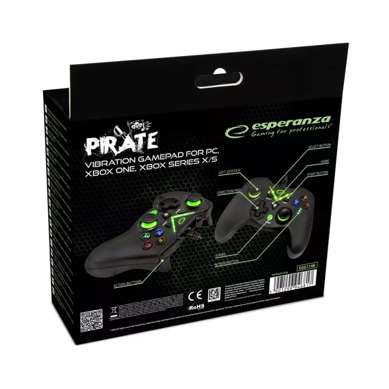 Žaidimų pultas Esperanza EGG114K laidinis USB 2.0 juodas – 12 mygtukų, 2 svirtys, vibracija, PC ir Xbox Series X/S/One