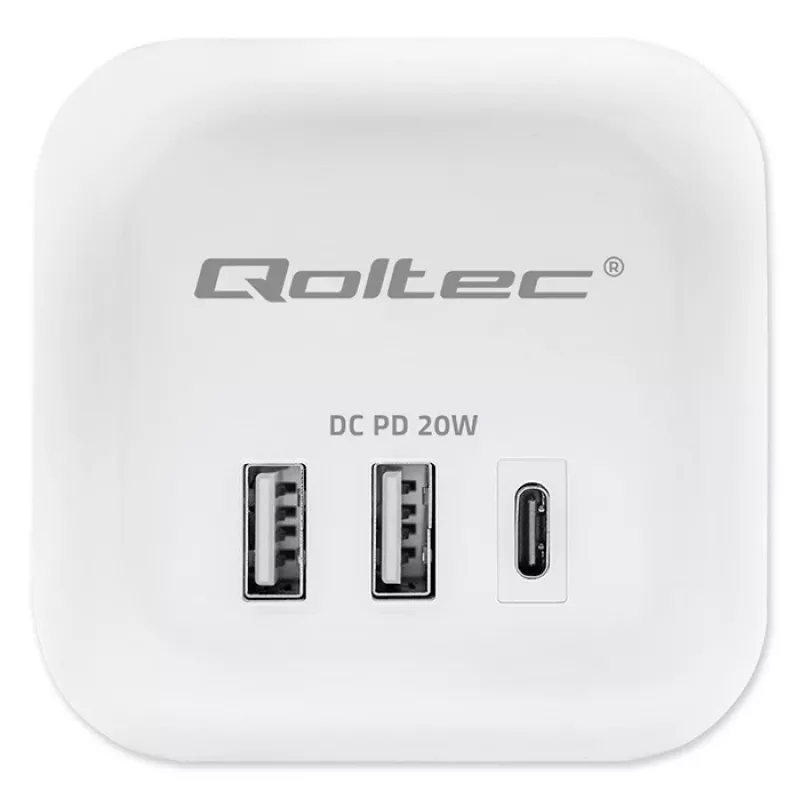 Power Cube QOLTEC 52547 maitinimo blokas 3×AC lizdai, 2×USB-A, 1×USB-C PD 20W